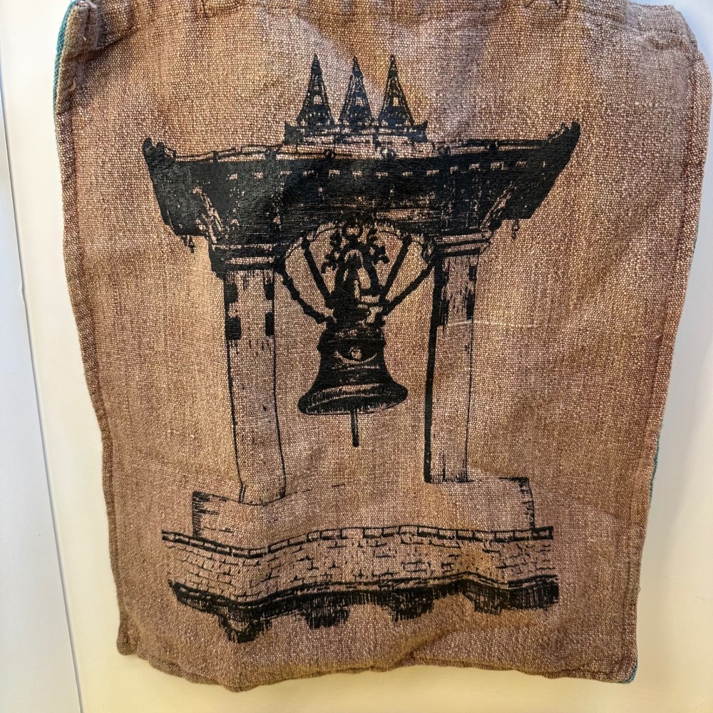 Reversible Boho Jute Tote Bag Brown‎ Teal Blue Temple Bell Block Print Artisanal - Picture 2 of 6